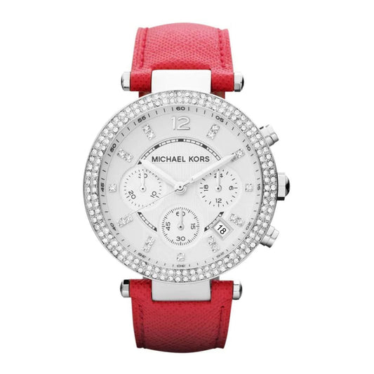 Michael Kors Parker Silver Dial Red Leather Strap Watch for Women - MK2278