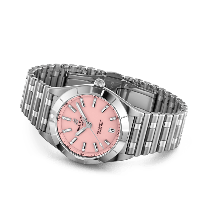 Breitling Chronomat 32 Diamonds Pink Dial Silver Steel Strap Watch for Women - A77310101K1A1