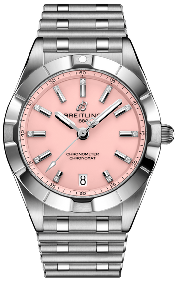 Breitling Chronomat 32 Diamonds Pink Dial Silver Steel Strap Watch for Women - A77310101K1A1