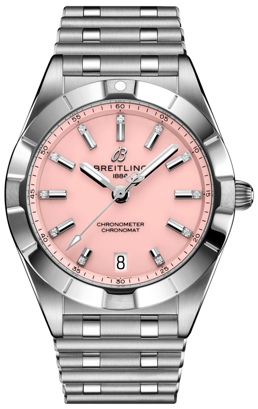 Breitling Chronomat 32 Diamonds Pink Dial Silver Steel Strap Watch for Women - A77310101K1A1