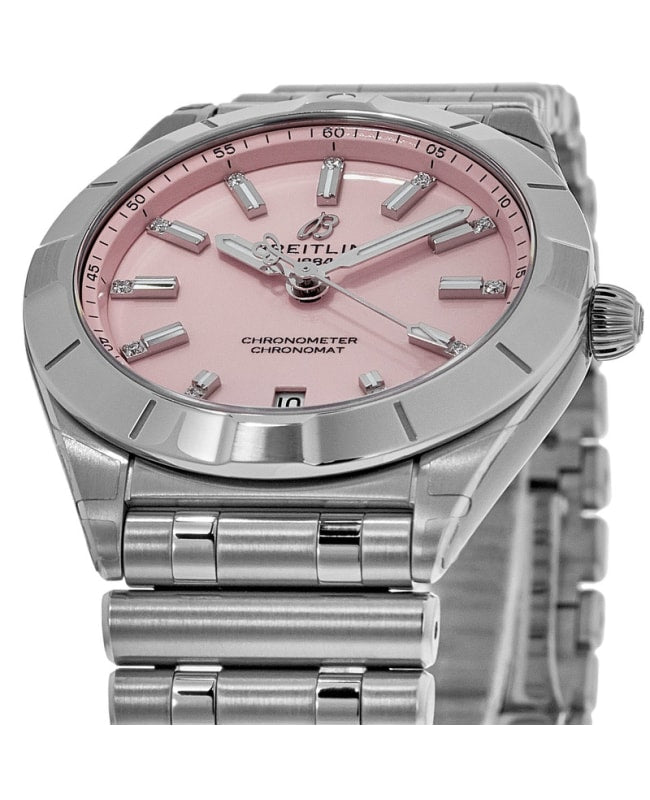 Breitling Chronomat 32 Diamonds Pink Dial Silver Steel Strap Watch for Women - A77310101K1A1