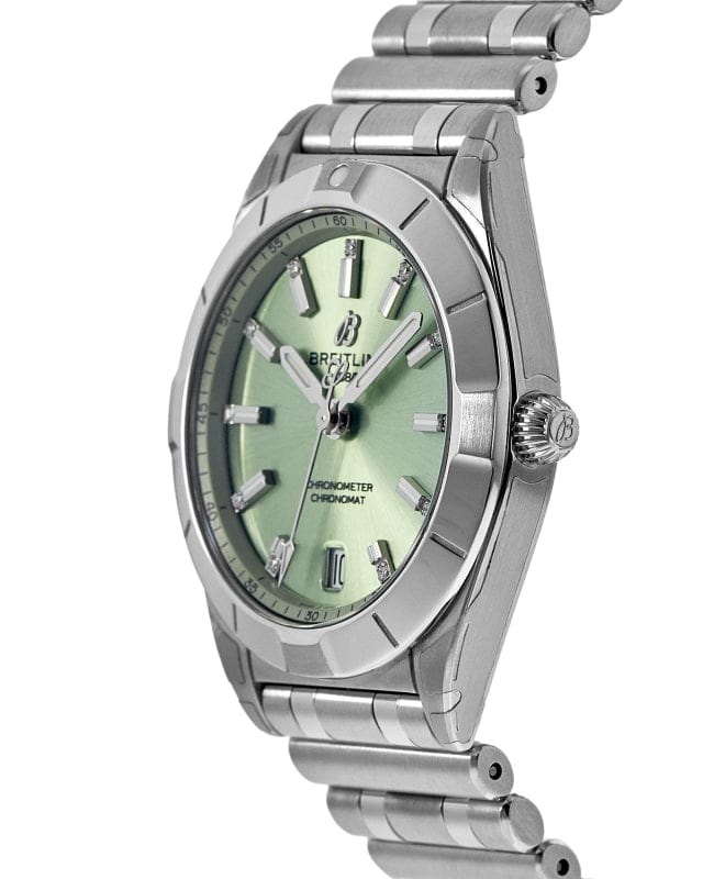 Breitling Chronomat 32 Diamonds Green Dial Silver Steel Strap Watch for Women - A77310101L1A1