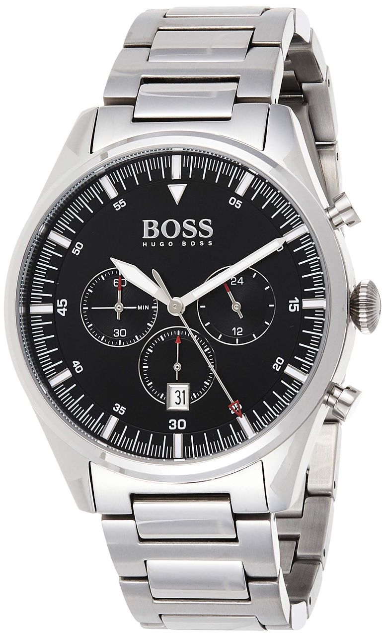 Hugo Boss Pioneer Chronograph Black Dial Silver Steel Strap Watch for Men - 1513712