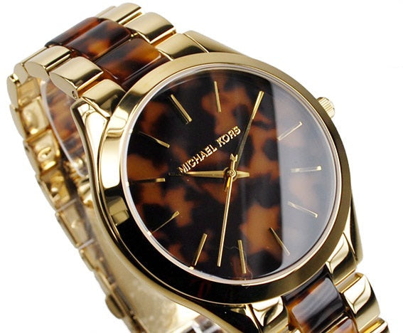 Michael Kors Slim Runway Tortoise Shell Dial Two Tone Steel Strap Watch for Women - MK4284