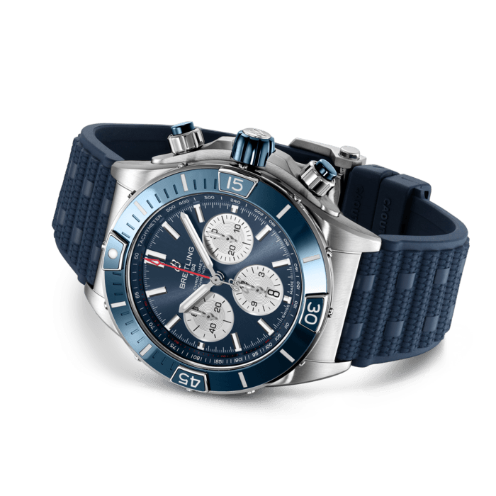 Breitling Super Chronomat B01 44 Blue Dial Blue Rubber Strap Watch for Men - AB0136161C1S1