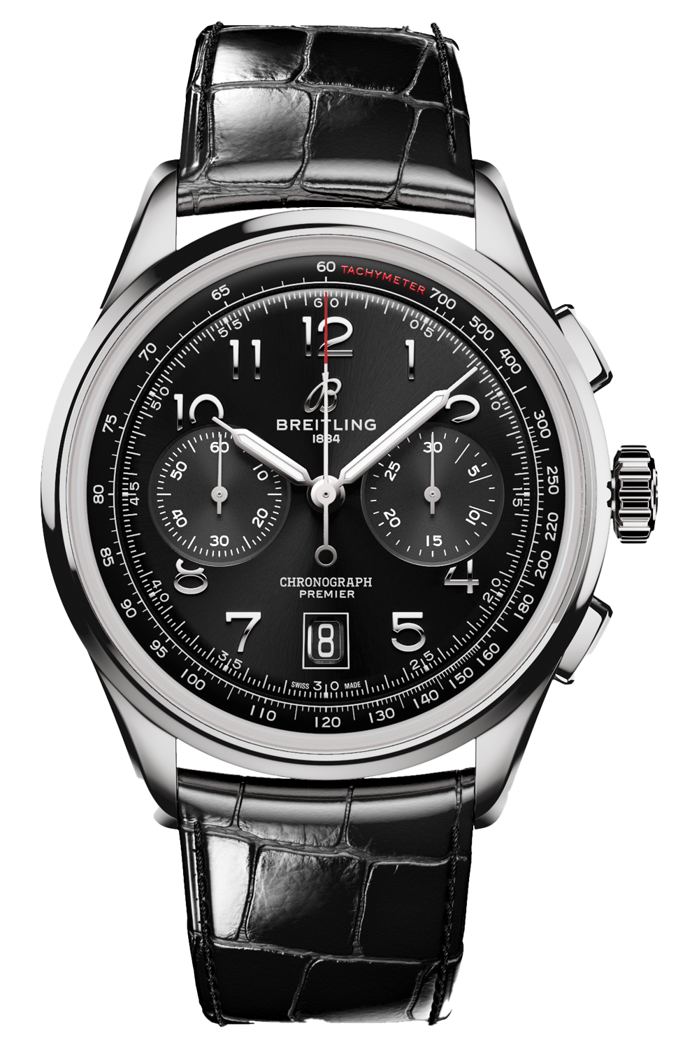 Breitling Premier B01 Chronograph 42 Black Dial Black Leather Strap Watch for Men - AB0145221B1P1