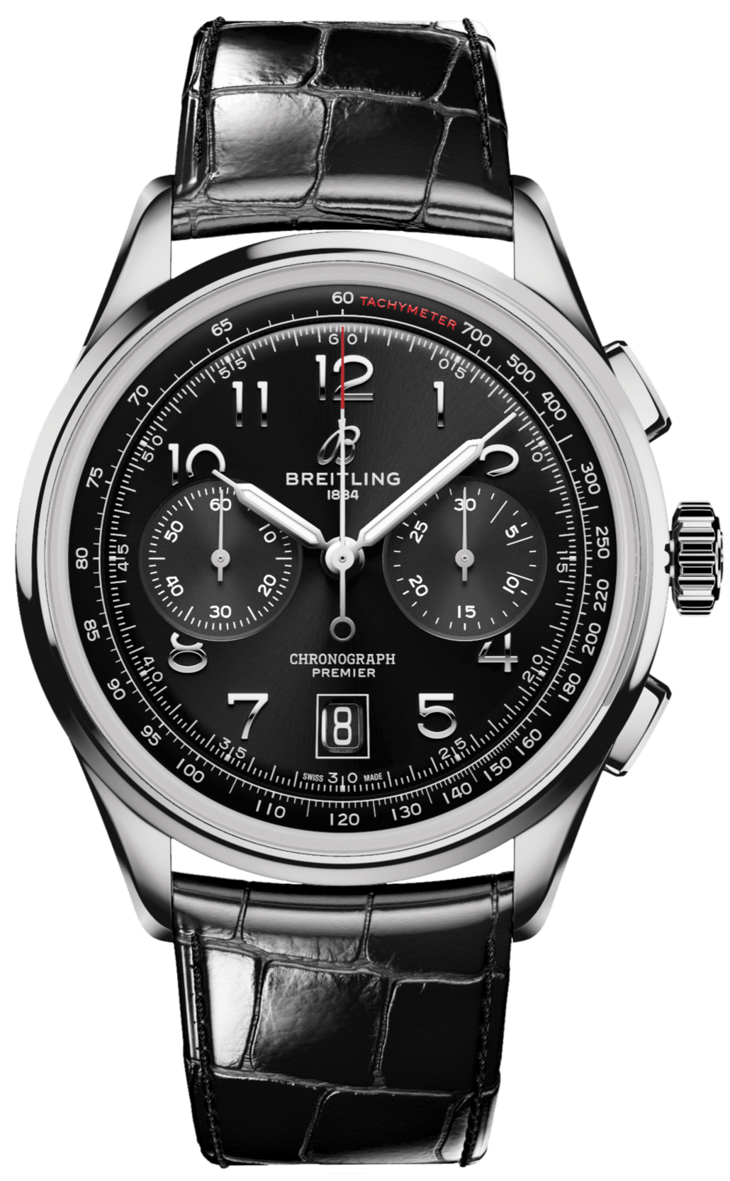 Breitling Premier B01 Chronograph 42 Black Dial Black Leather Strap Watch for Men - AB0145221B1P1