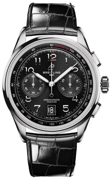 Breitling Premier B01 Chronograph 42 Black Dial Black Leather Strap Watch for Men - AB0145221B1P1