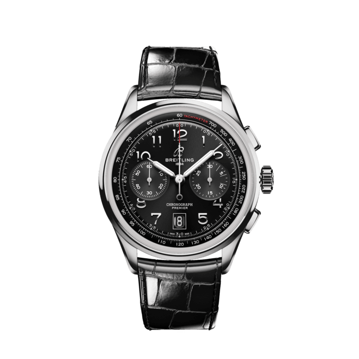 Breitling Premier B01 Chronograph 42 Black Dial Black Leather Strap Watch for Men - AB0145221B1P1