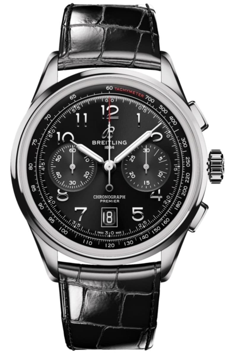 Breitling Premier B01 Chronograph 42 Black Dial Black Leather Strap Watch for Men - AB0145221B1P1