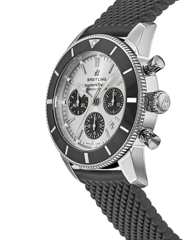 Breitling Superocean Heritage B01 Chronograph 44 Silver Dial Black Mesh Bracelet Watch for Men - AB0162121G1S1