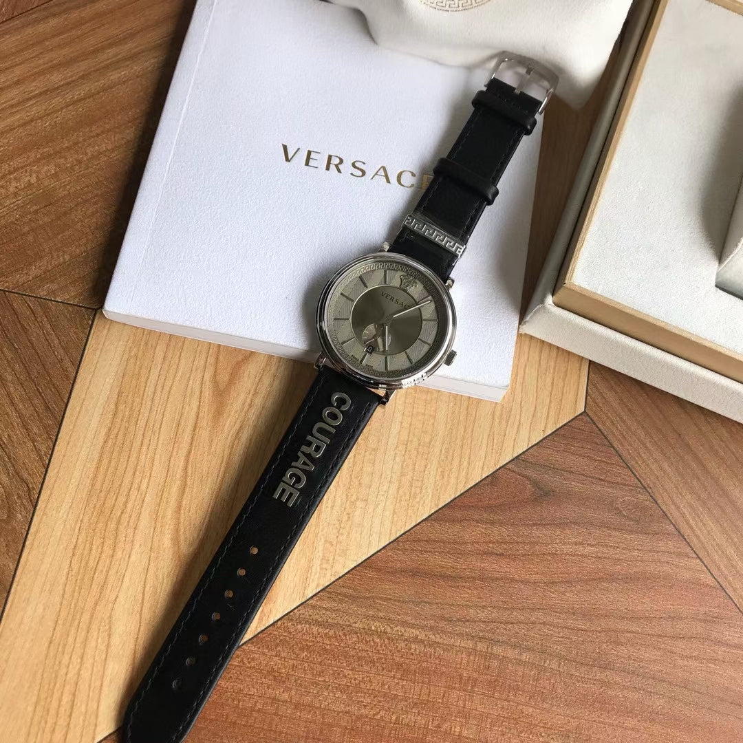 Versace V-Circle Black Manifesto Courage Quartz Silver Dial Black Leather Strap Watch for Men - VBQ080017