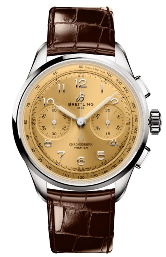 Breitling Premier B09 Chronograph 40 Beige Dial Brown Leather Strap Watch for Men - AB0930F51H1P1