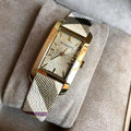 Burberry Pioneer Gold Dial Haymarket Beige Leather Strap Watch for Women - BU9407