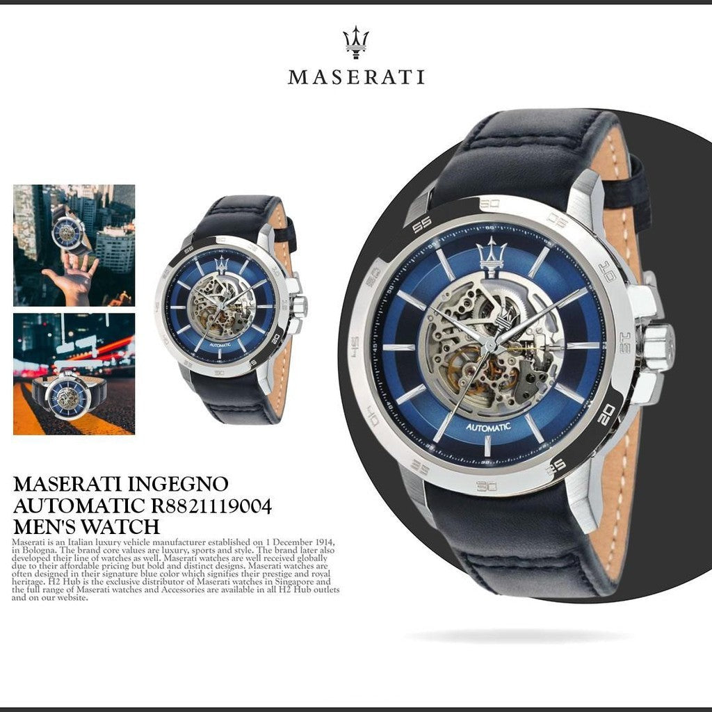 Maserati Ingegno Automatic Blue Skeleton Dial Black Leather Strap Watch For Men - R8821119004