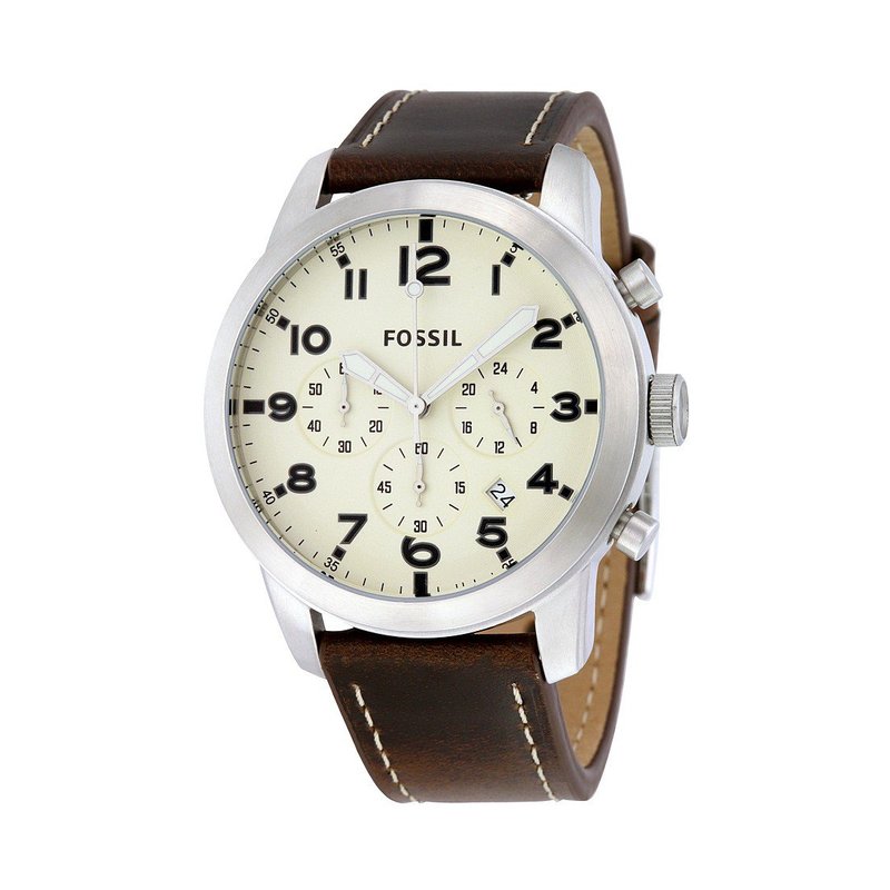 Fossil Pilot Chronograph White Dial Brown Leather Strap Watch for Men - FS5146