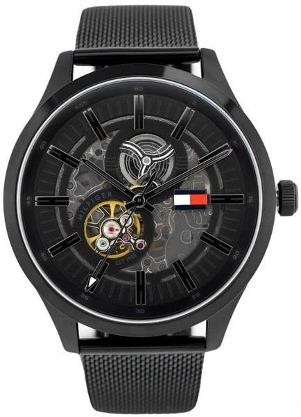 Tommy Hilfiger Spencer Skeleton Black Dial Black Mesh Bracelet Watch for Men - 1791644