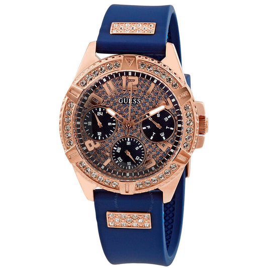 Guess Frontier DIamonds Gold Dial Blue Rubber Strap Watch For Women - W1160L3