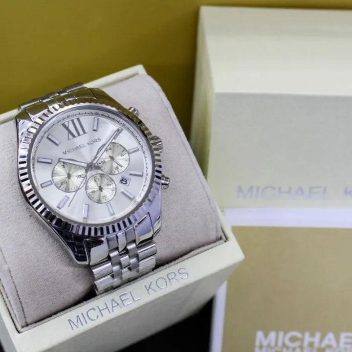 Michael Kors Lexington Chronograph Silver Dial Silver Steel Strap Watch for Men - MK8405