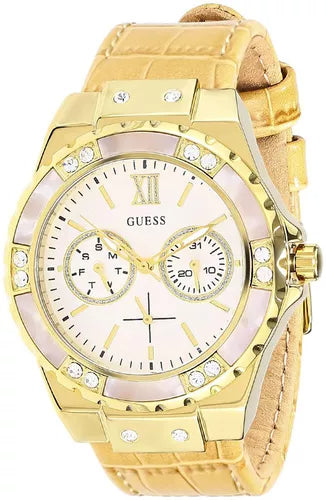 Guess Limelight Quartz Silver Dial Golden Leather Strap Watch For Women - W0775L2