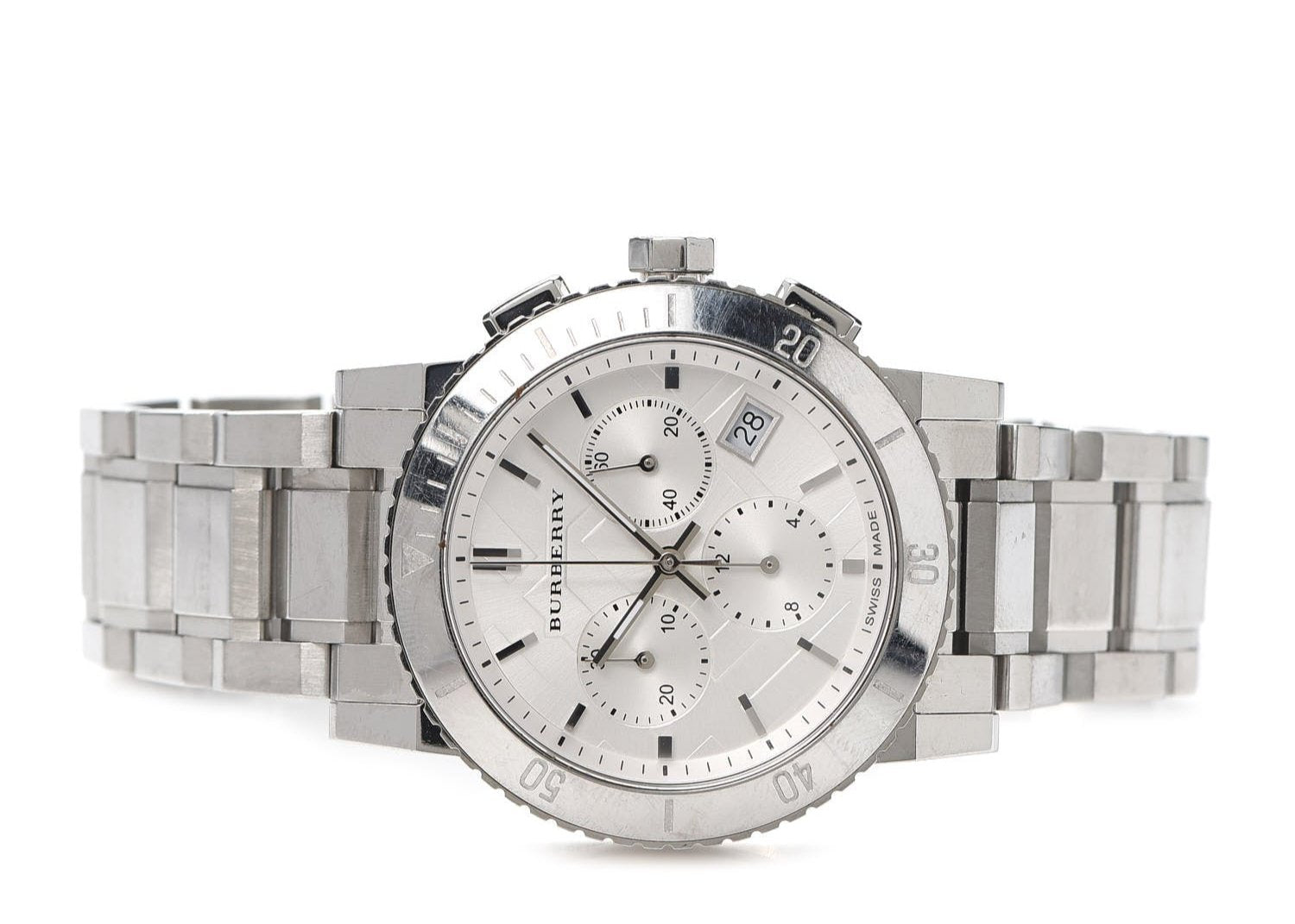 Burberry City Chronograph White Dial Silver Steel Strap Watch For Women - BU9700