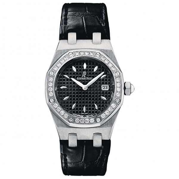 Audemars Piguet Royal Oak Quartz Diamonds Black Dial Black Leather Strap Watch for Women - 67621ST.ZZ.D002CR.01