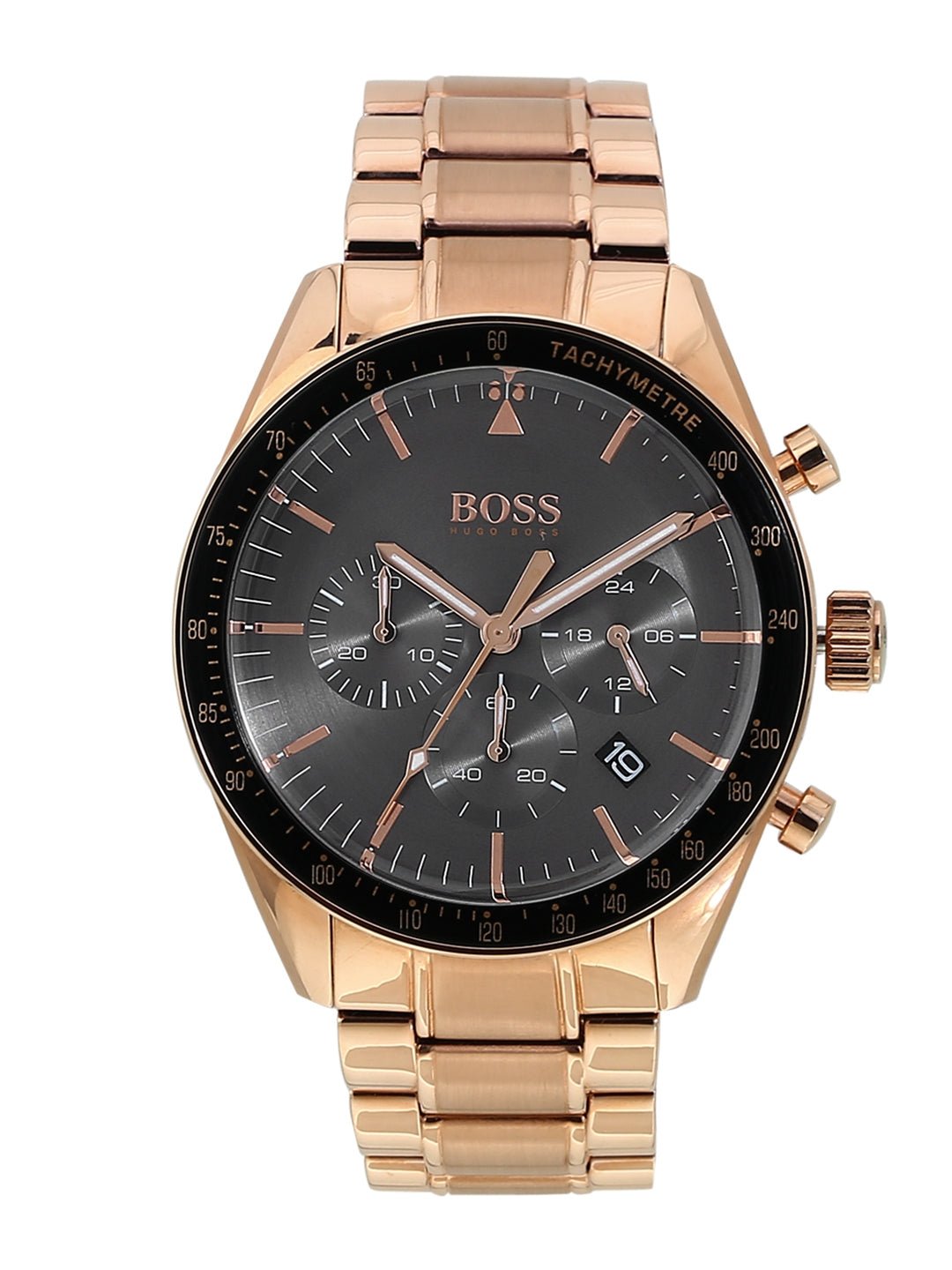 Hugo Boss Trophy Chronograph Grey Dial Rose Gold Steel Strap Watch for Men - 1513632