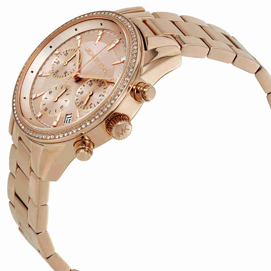 Michael Kors Ritz Chronograph Rose Gold Dial Steel Strap Watch for Women - MK6357