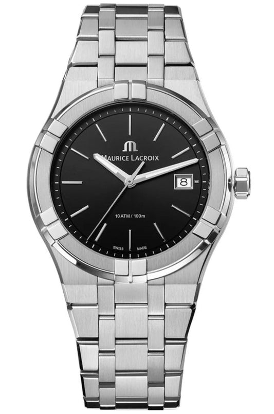 Maurice Lacroix Aikon Date Quartz Black Dial Silver Steel Strap Watch for Men - AI1108-SS002-330-1