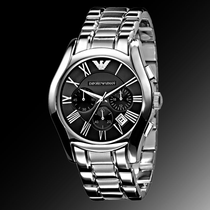 Emporio Armani Valente Chronograph Black Dial Silver Steel Strap Watch For Men - AR0673