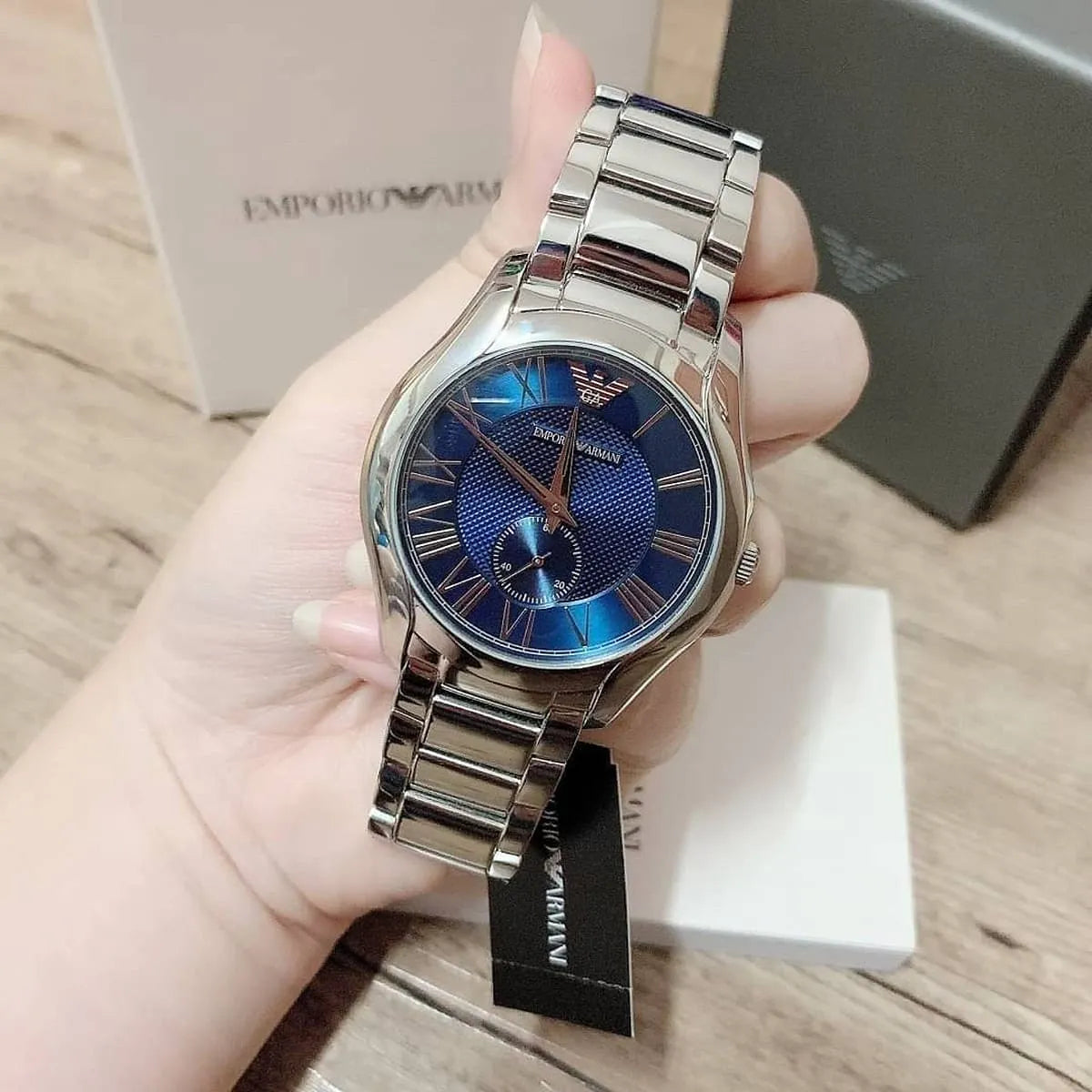 Emporio Armani Valente Quartz Blue Dial Silver Steel Strap Watch For Men - AR11085