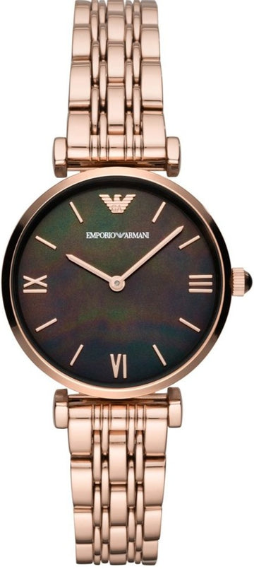 Emporio Armani Gianni T-Bar Mother of Pearl Black Dial Rose Gold Steel Strap Watch For Women - AR11145