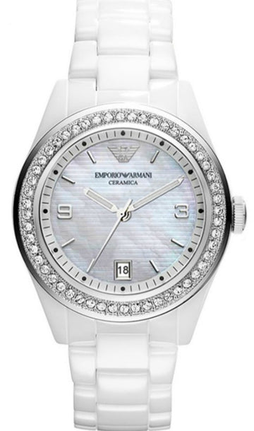 Emporio Armani Ceramica Mother of Pearl White Dial White Steel Strap Watch For Women - AR1426