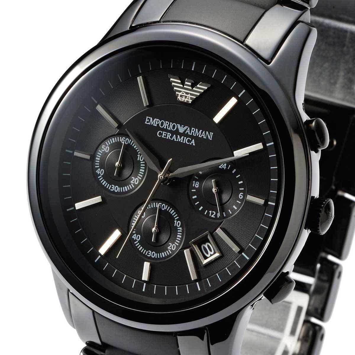 Emporio Armani Ceramica Chronograph Black Dial Black Steel Strap Watch For Men - AR1452