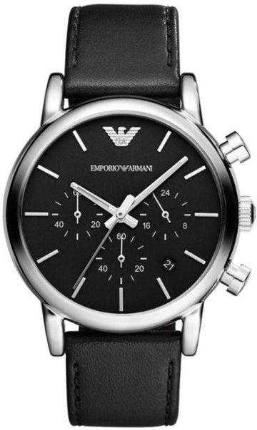 Emporio Armani Classic Chronograph Black Dial Black Leather Strap Watch For Men - AR1733