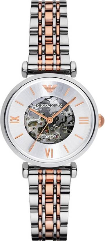 Emporio Armani Gianni T Bar Skeleton Silver Dial Two Tone Steel Strap Watch For Women - AR1992