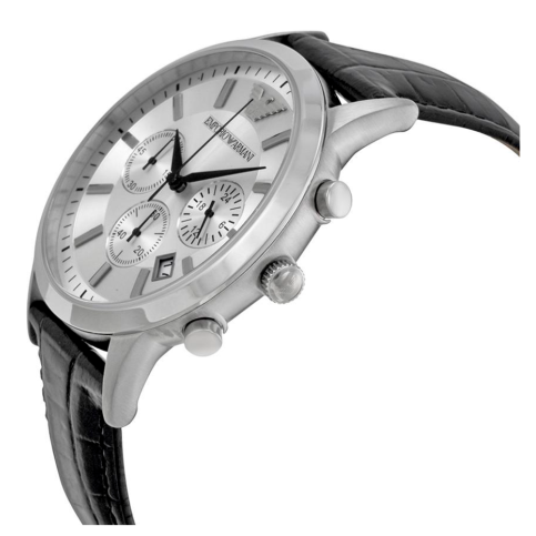 Emporio Armani Classic Chronograph Silver Dial Black Leather Strap Watch For Men - AR2432