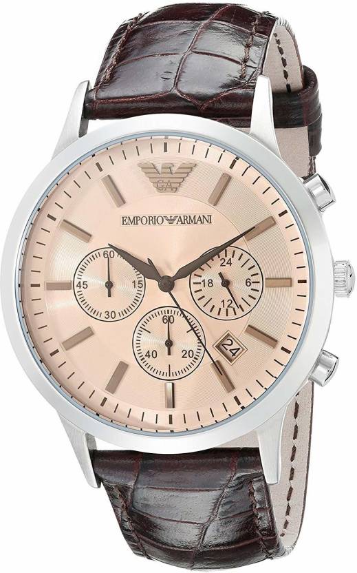 Emporio Armani Classic Chronograph Beige Dial Brown Leather Strap Watch For Men - AR2433