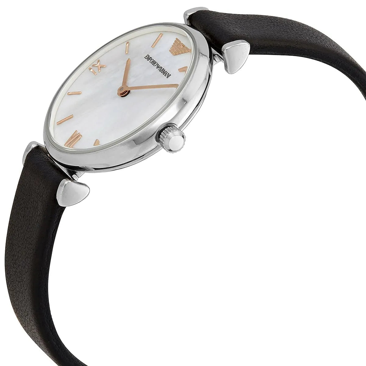 Emporio Armani Gianni T Bar Mother of Pearl Dial Black Leather Strap Watch For Women - AR90002