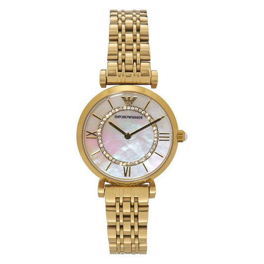 Emporio Armani Gianni T Bar White Mother of Pearl Dial Gold Stainless Steel Watch For Women - AR1907