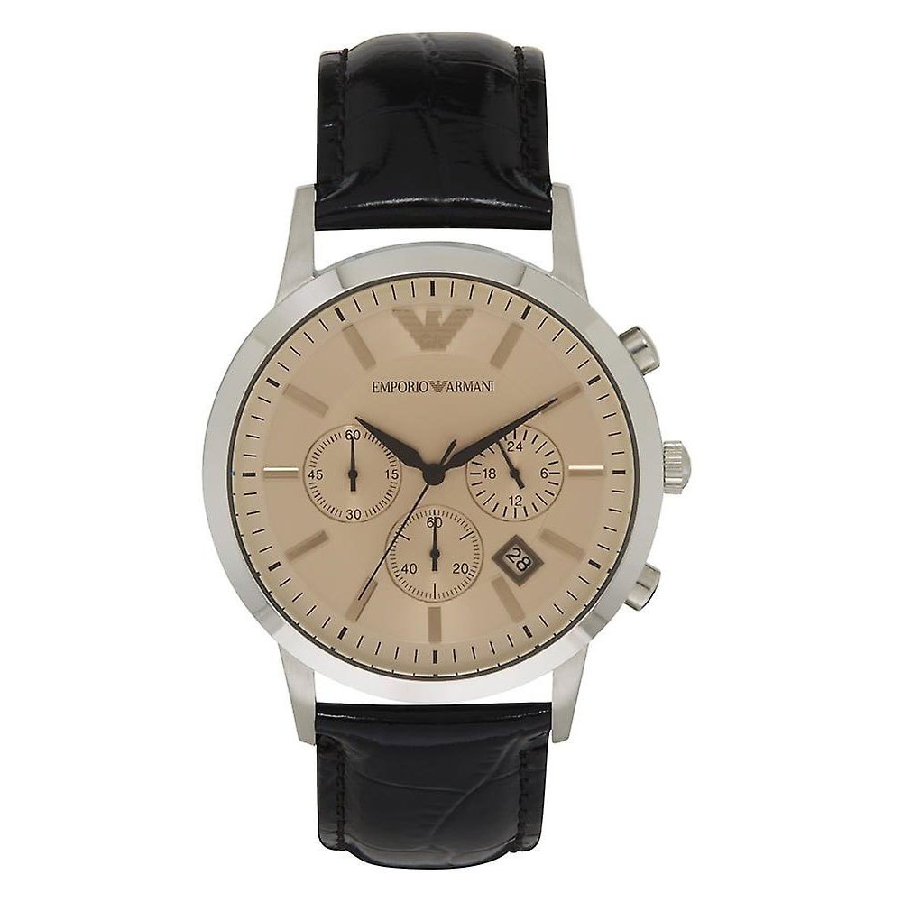 Emporio Armani Classic Chronograph Beige Dial Brown Leather Strap Watch For Men - AR2433