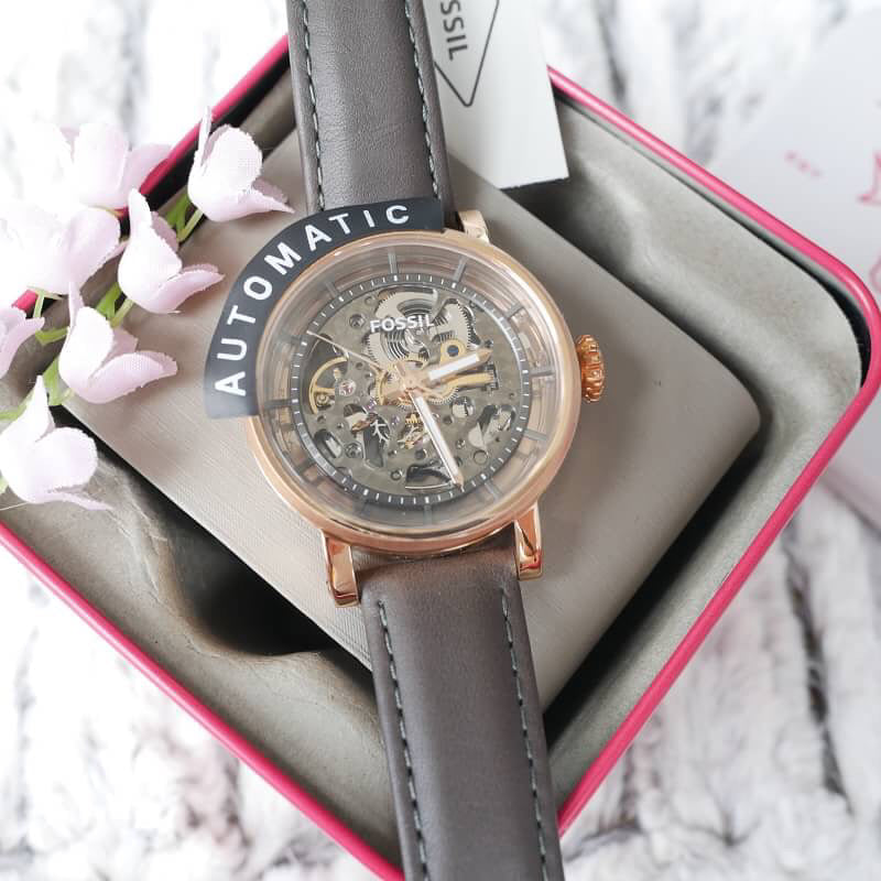 Fossil Boyfriend Skeleton Automatic Grey Dial Grey Leather Strap Watch for Women - ME3089