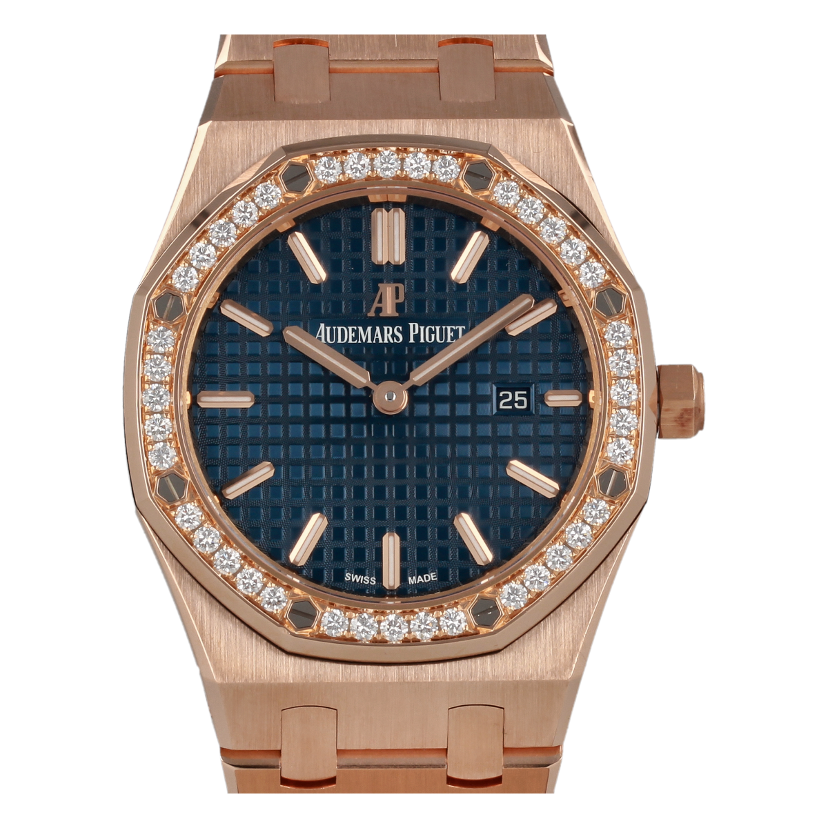 Audemars Piguet Royal Oak Quartz Diamonds Blue Dial Rose Gold Steel Strap Watch for Women - 67651OR.ZZ.1261OR.02