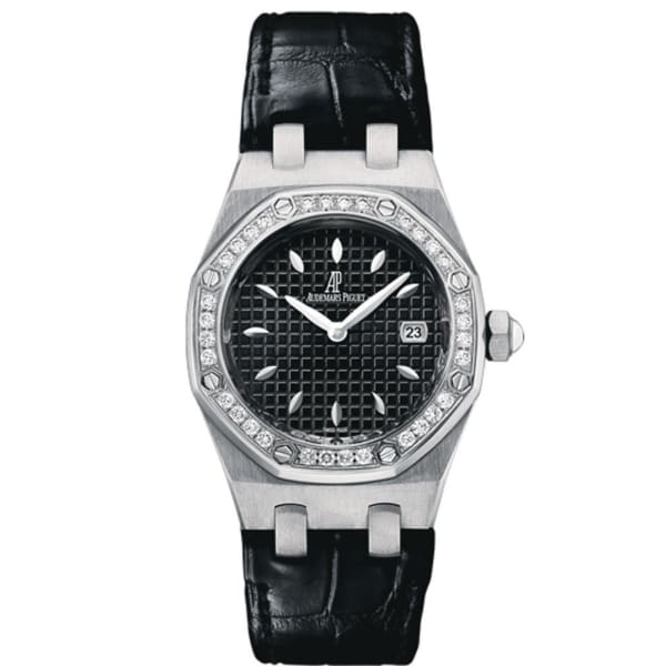 Audemars Piguet Royal Oak Quartz Diamonds Black Dial Black Leather Strap Watch for Women - 67621ST.ZZ.D002CR.01