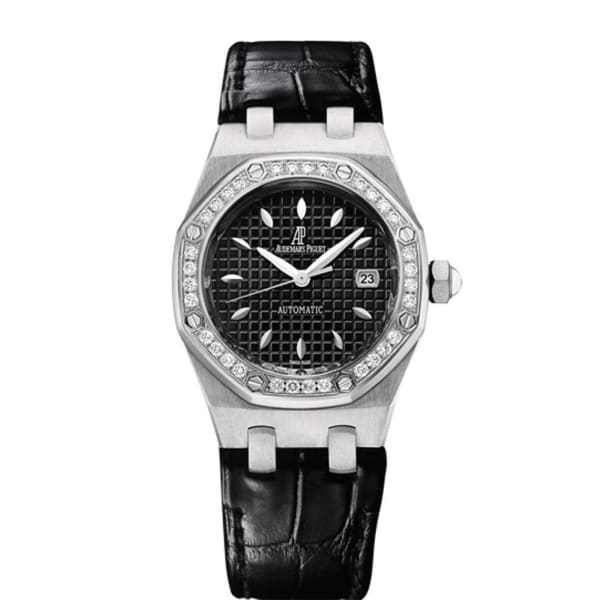 Audemars Piguet Royal Oak Quartz Diamonds Black Dial Black Leather Strap Watch for Women - 67621ST.ZZ.D002CR.01