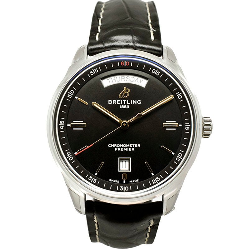 Breitling Premier Automatic 40mm Day & Date Black Dial Black Leather Strap Mens Watch - A45340241B1P2