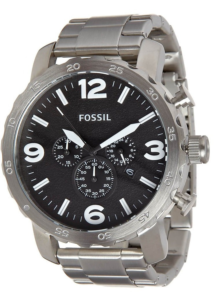 Fossil Nate Chronograph Black Dial Silver Steel Strap Watch for Men - JR1353