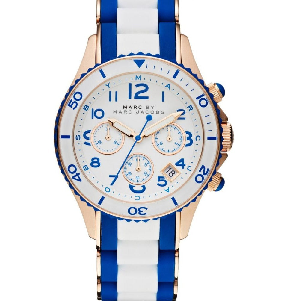 Marc Jacobs Rock Chrono White Dial Two Tone Plastic Strap Watch for Women - MBM2594