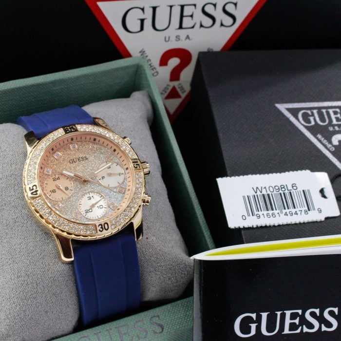 Guess Confetti Diamonds Gold Dial Blue Rubber Strap Watch For Women - W1098L6