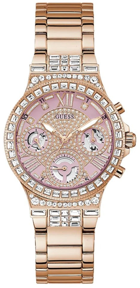 Guess Glitz Multi Function Diamonds Pink Dial Rose Gold Steel Strap Watch for Women - GW0320L6